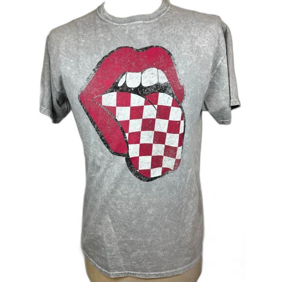 Colortone Rolling Stones Inspired Grey Washed Tee LG Red Checkered - Picture 1 of 5